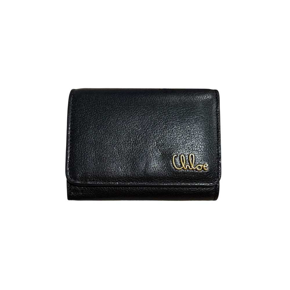Chloe Black Pebbled Leather Tri-Fold Wallet Gold Script Logo Compact Designer